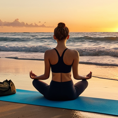 Home 15 **
A serene beach scene at sunset. A person sits comfortably on a yoga mat, meditating with eyes closed, facing the ocean. Golden light bathes the scene, reflecting off the calm water. A small bag for trash is beside them.
**