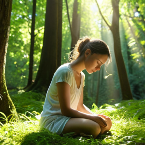 Home 14 **A person sitting peacefully in a lush green forest, eyes closed, hands resting on their knees, sunlight filtering through the trees. Focus on serenity and connection with nature.**