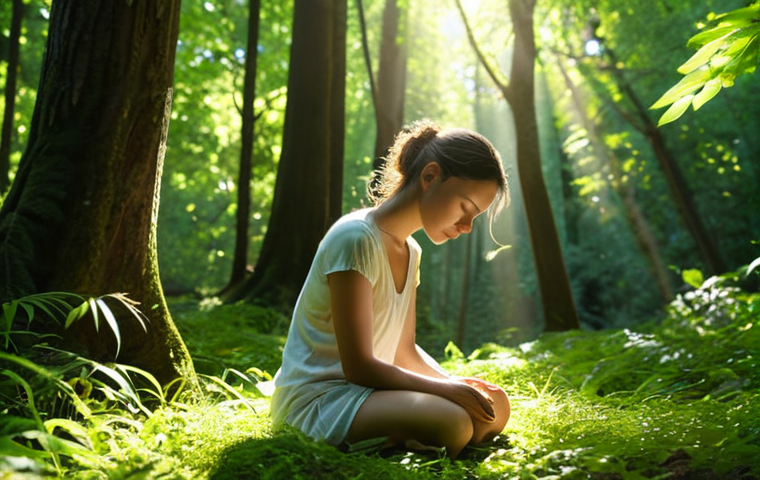 **A person sitting peacefully in a lush green forest, eyes closed, hands resting on their knees, sunlight filtering through the trees. Focus on serenity and connection with nature.**