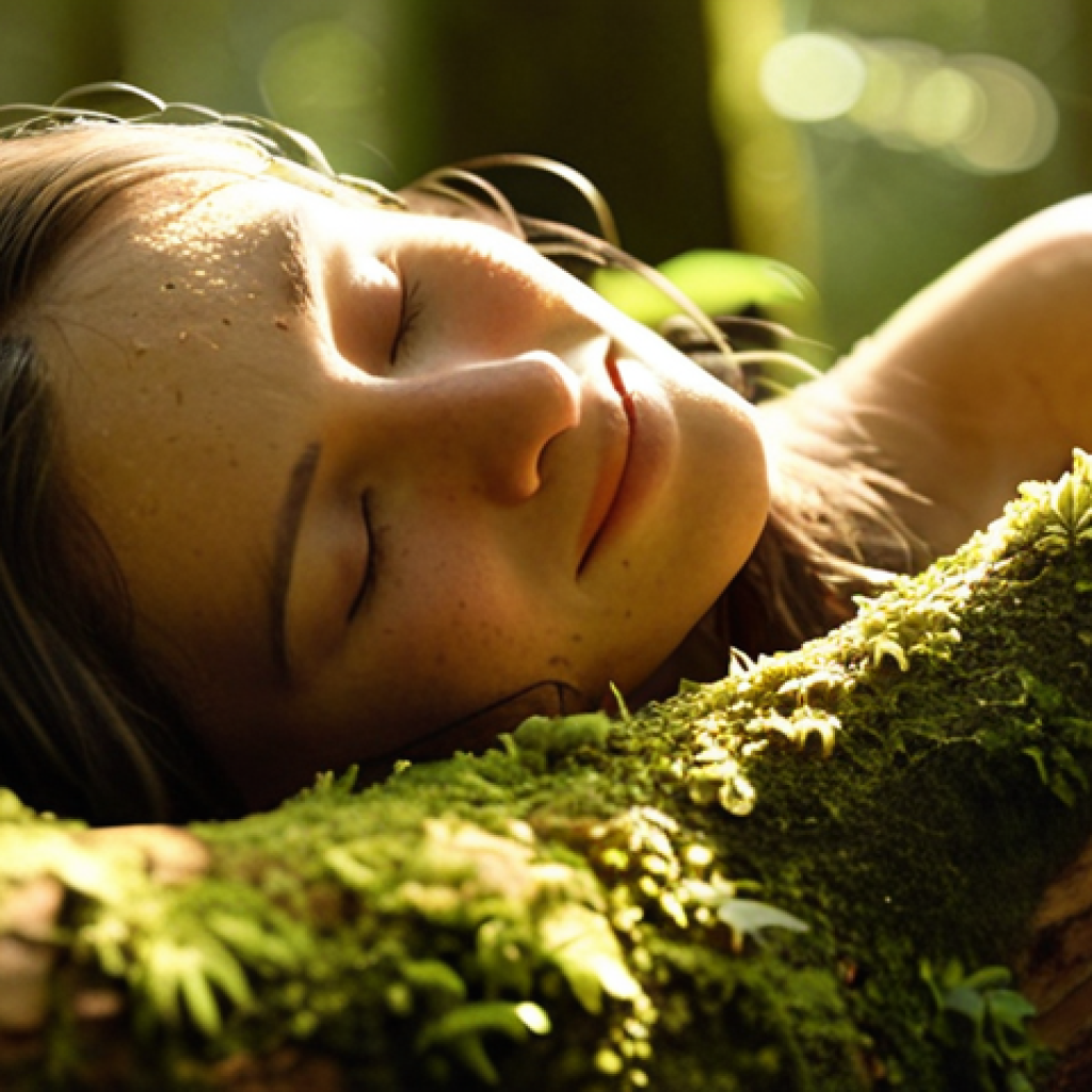 **Prompt 1: Sensory Awakening in Nature**
A close-up shot of a person, eyes gently closed, with a subtle smile of peace, as they inhale deeply amidst a sun-dappled, vibrant forest. The image emphasizes rich sensory details: soft golden light filtering through dense foliage, implied gentle breeze on their skin, intricate textures of tree bark and damp moss in the foreground, and the impression of ambient sounds like birdsong and rustling leaves without explicitly showing them. The atmosphere is one of profound tranquility and a deep reconnection with natural elements. Hyperrealistic, warm earthy tones, shallow depth of field, macro details on surrounding nature elements, magical hour lighting.