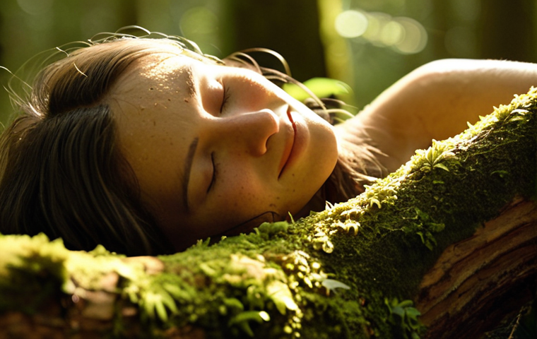 **Prompt 1: Sensory Awakening in Nature**
A close-up shot of a person, eyes gently closed, with a subtle smile of peace, as they inhale deeply amidst a sun-dappled, vibrant forest. The image emphasizes rich sensory details: soft golden light filtering through dense foliage, implied gentle breeze on their skin, intricate textures of tree bark and damp moss in the foreground, and the impression of ambient sounds like birdsong and rustling leaves without explicitly showing them. The atmosphere is one of profound tranquility and a deep reconnection with natural elements. Hyperrealistic, warm earthy tones, shallow depth of field, macro details on surrounding nature elements, magical hour lighting.