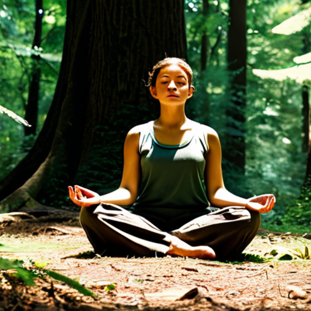 A serene individual, fully clothed in modest, comfortable outdoor attire in earthy tones, meditating peacefully in a dense, ancient forest. Dappled sunlight filters through the canopy of towering trees, creating a quiet, immersive atmosphere. The individual is in a natural pose, with perfect anatomy, correct proportions, well-formed hands, and proper finger count. The scene conveys deep tranquility and connection with nature, safe for work, appropriate content, family-friendly, professional photography, high quality.