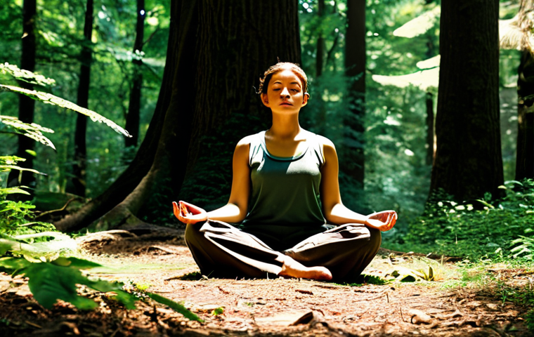 A serene individual, fully clothed in modest, comfortable outdoor attire in earthy tones, meditating peacefully in a dense, ancient forest. Dappled sunlight filters through the canopy of towering trees, creating a quiet, immersive atmosphere. The individual is in a natural pose, with perfect anatomy, correct proportions, well-formed hands, and proper finger count. The scene conveys deep tranquility and connection with nature, safe for work, appropriate content, family-friendly, professional photography, high quality.