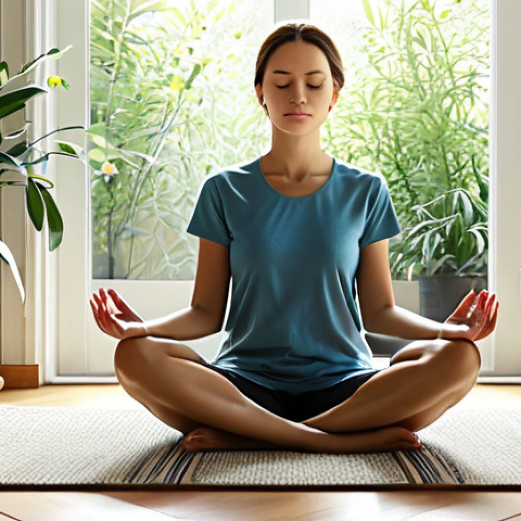 Meditative Calm**
"A woman in comfortable, modest clothing sits cross-legged on a soft rug in a sunlit room. Plants decorate the space, creating a peaceful atmosphere. She is meditating, eyes closed, with a serene expression. Fully clothed, appropriate attire, safe for work, perfect anatomy, natural proportions, family-friendly, mindful, high quality rendering, professional."
**