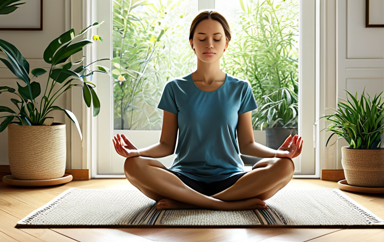 Meditative Calm**

"A woman in comfortable, modest clothing sits cross-legged on a soft rug in a sunlit room. Plants decorate the space, creating a peaceful atmosphere. She is meditating, eyes closed, with a serene expression.  Fully clothed, appropriate attire, safe for work, perfect anatomy, natural proportions, family-friendly, mindful, high quality rendering, professional."

**