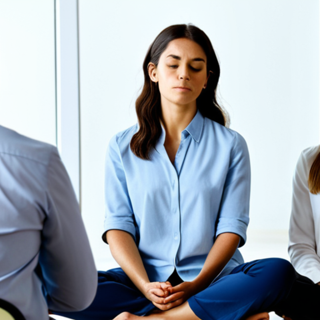 자연 명상의 법적 및 제도적 측면 - Regulated Mindfulness Practice**
"A serene scene in a modern Spanish office. A mindfulness instruct...