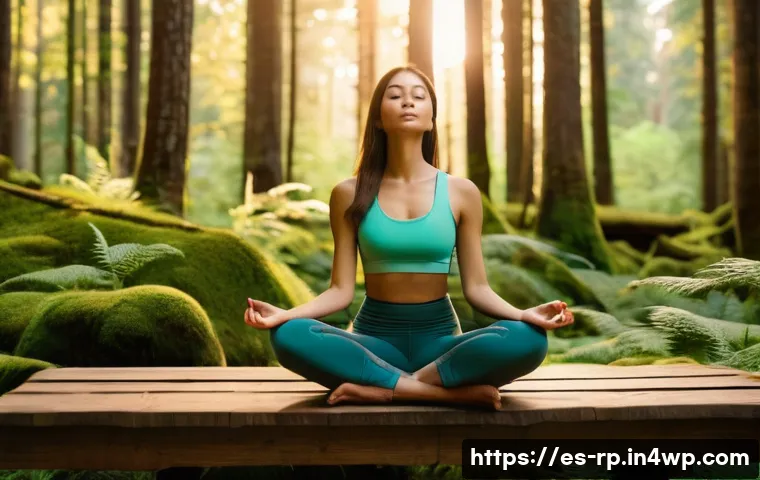자연 명상과 관련된 소셜 미디어 활용법 - A serene outdoor meditation scene featuring a young adult woman wearing comfortable, modest activewe...