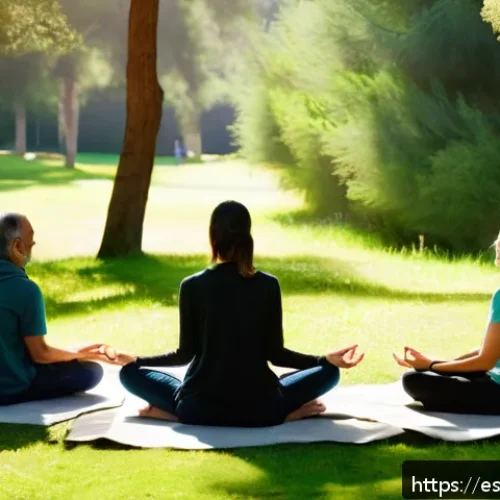 자연 명상에서의 연대감 구축하기 - A serene group meditation session in a lush urban park in Spain, featuring diverse adults sitting in...