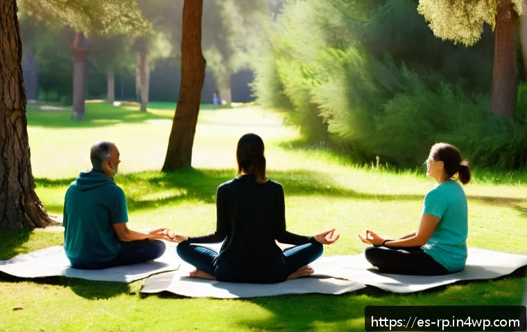 자연 명상에서의 연대감 구축하기 - A serene group meditation session in a lush urban park in Spain, featuring diverse adults sitting in...