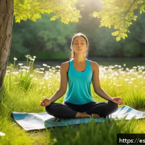 자연 명상 후 일상으로 돌아오는 방법 - A serene outdoor meditation scene in a lush green park during early morning light, featuring a young...