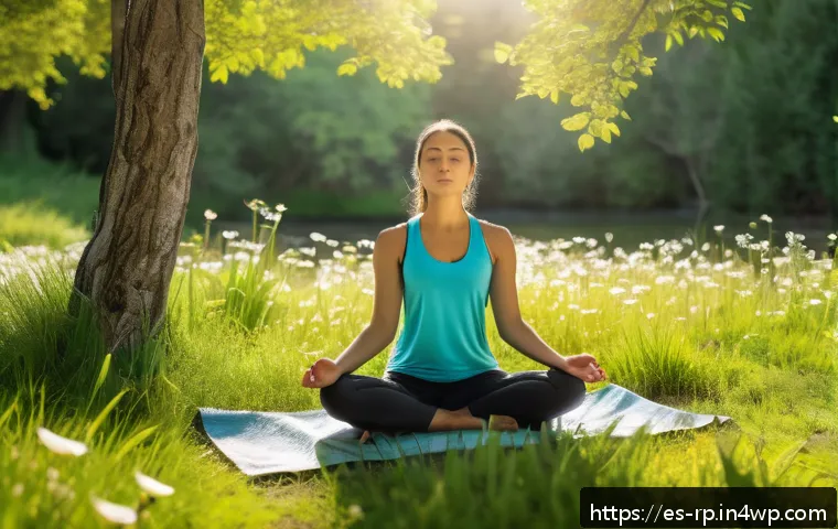 자연 명상 후 일상으로 돌아오는 방법 - A serene outdoor meditation scene in a lush green park during early morning light, featuring a young...