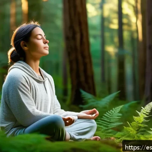 자연 명상과 자아 발견의 여정 - A serene scene of a young adult meditating peacefully in a lush Spanish forest during early morning ...