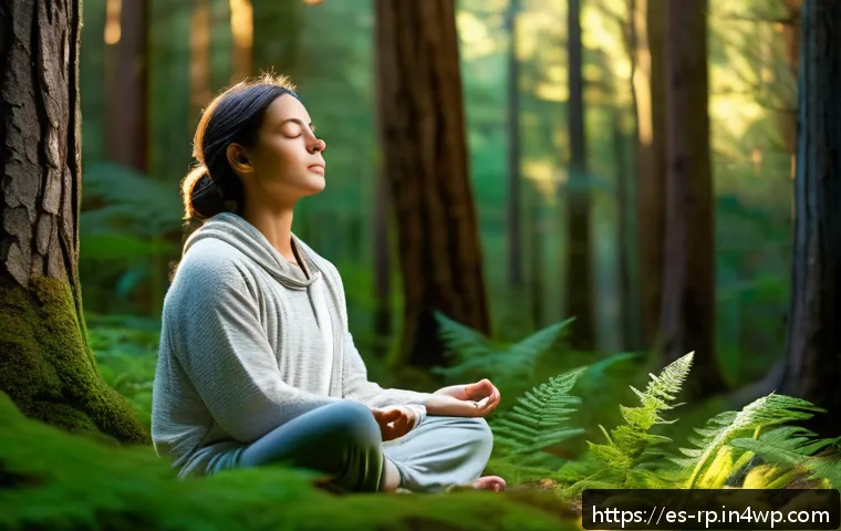 자연 명상과 자아 발견의 여정 - A serene scene of a young adult meditating peacefully in a lush Spanish forest during early morning ...