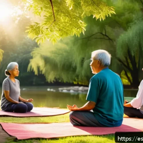 자연 명상과 사회적 책임의 중요성 - A serene urban park scene at golden hour featuring a diverse group of adults and elderly people medi...