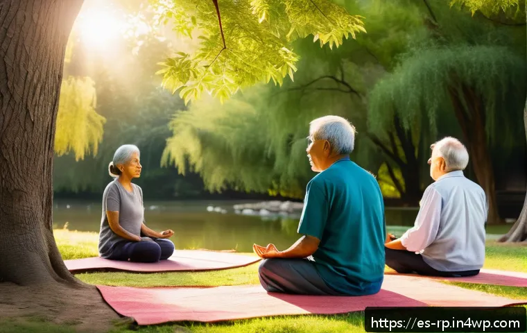 자연 명상과 사회적 책임의 중요성 - A serene urban park scene at golden hour featuring a diverse group of adults and elderly people medi...