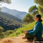 자연 명상과 여행의 조화 - A serene mountain forest scene in the Sierra de Grazalema, Andalusia, featuring a peaceful barefoot ...