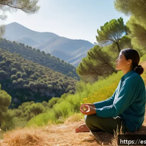 자연 명상과 여행의 조화 - A serene mountain forest scene in the Sierra de Grazalema, Andalusia, featuring a peaceful barefoot ...