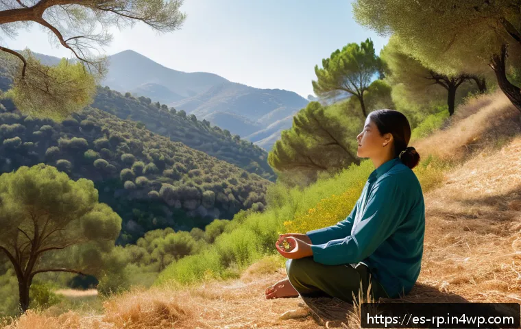 자연 명상과 여행의 조화 - A serene mountain forest scene in the Sierra de Grazalema, Andalusia, featuring a peaceful barefoot ...